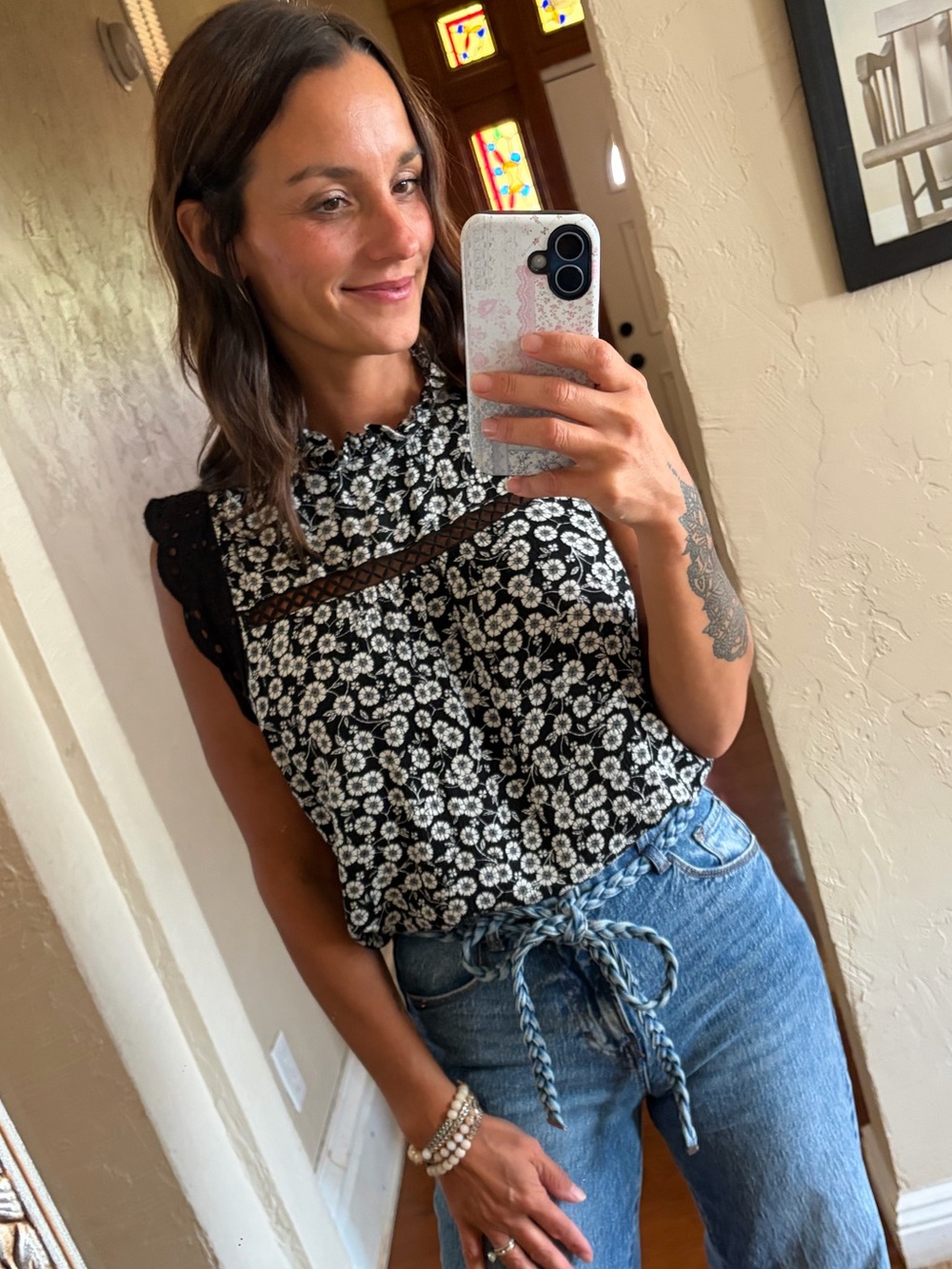 LOFT Black & White Floral Eyelet Sleeveless Camisole